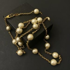 Authentic Vintage CHANEL With Faux Pearl Gold Tone Chain Long Necklace Signed 38